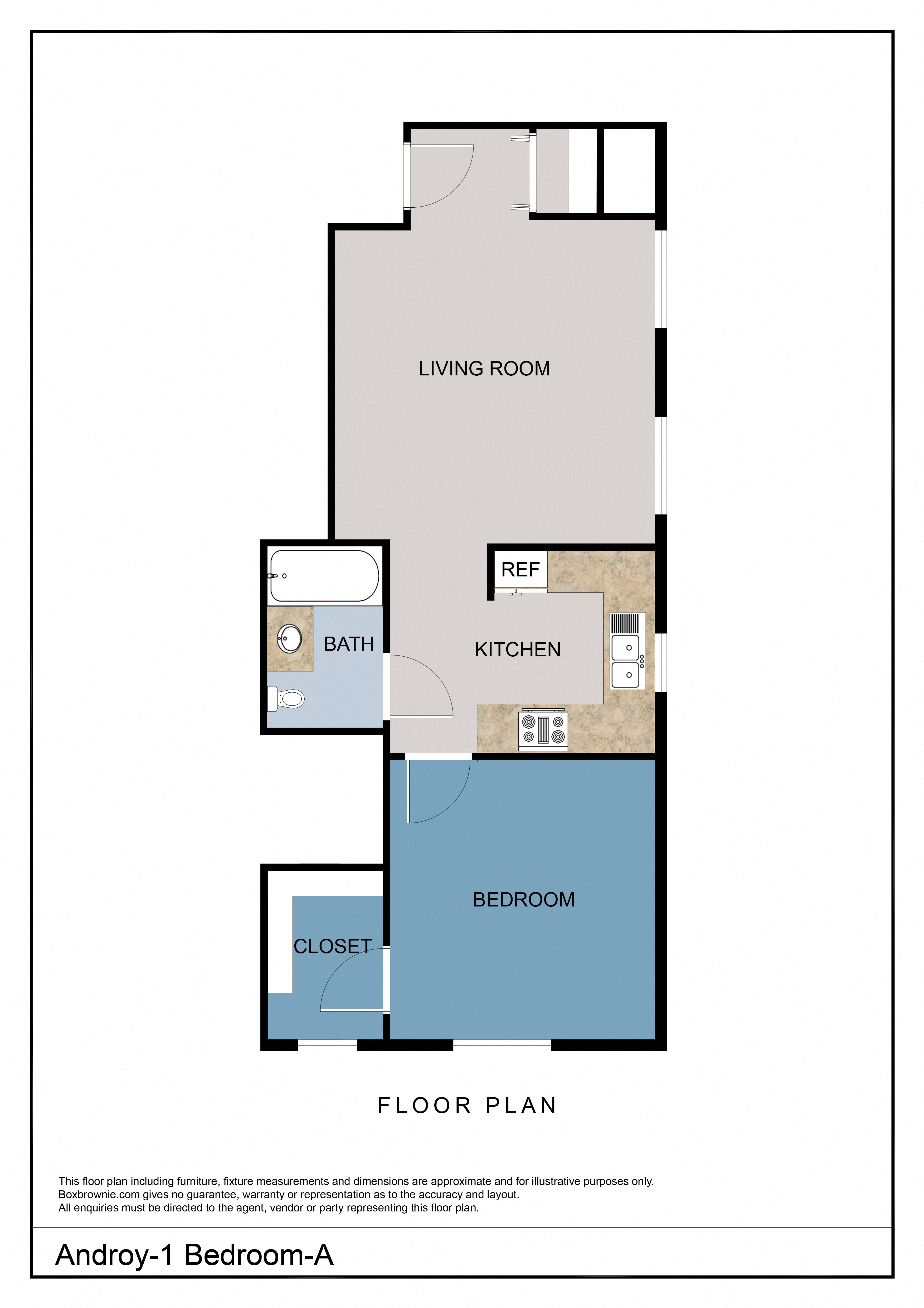 Floor plan for 1 bed, 1 bath, 752 sqft